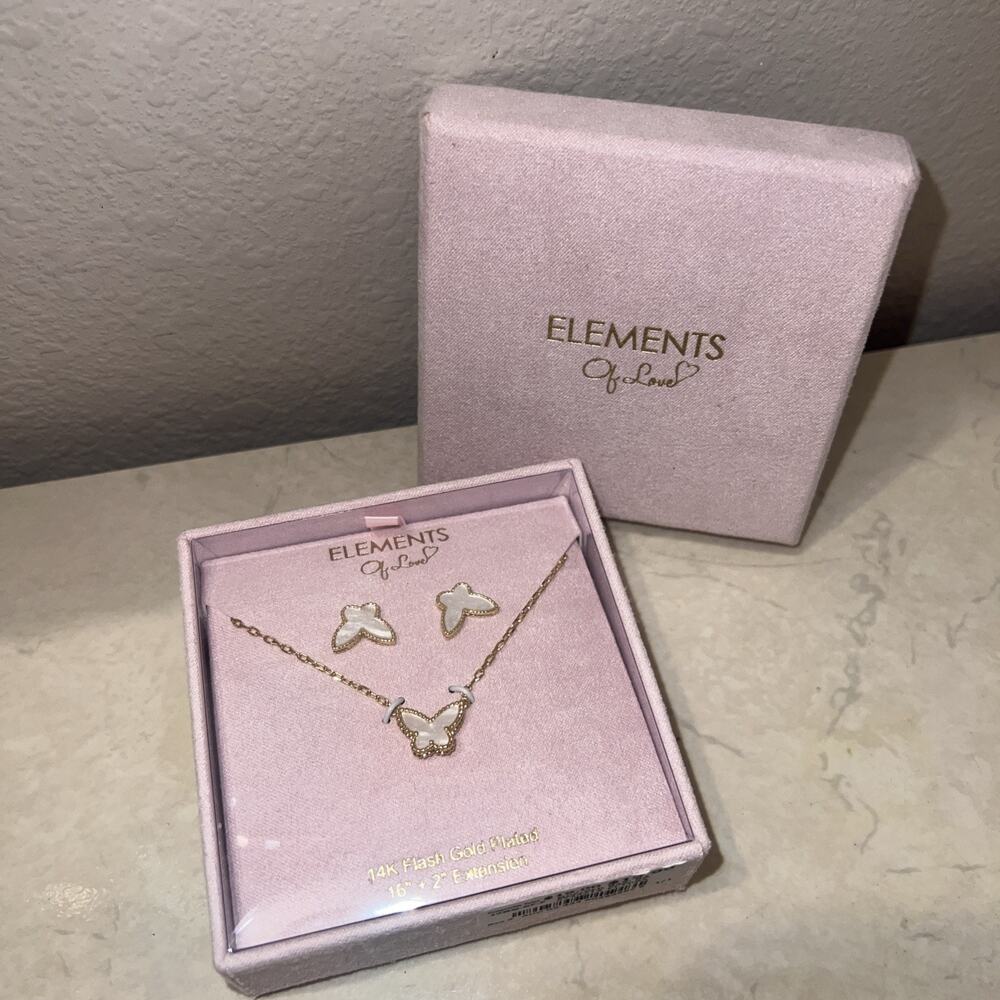 Elements Of Love Set Necklace & Earrings 14K Flash Gold Plated 16" + 2" Ext